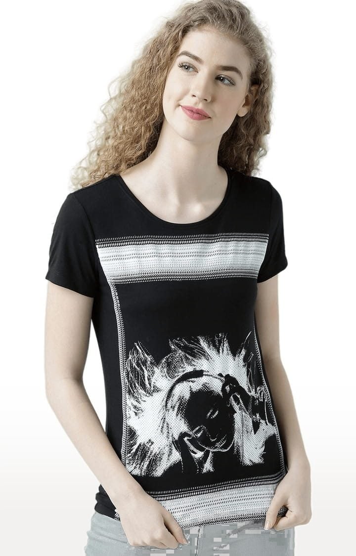 HUETRAP | Women's Black Printed Regular T-Shirt