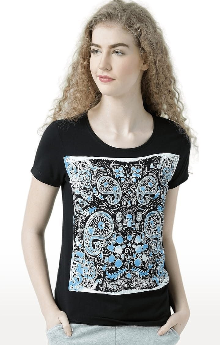 HUETRAP | Women's Black Printed Regular T-Shirt