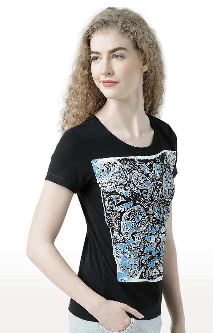 Women's Black Printed Regular T-Shirt
