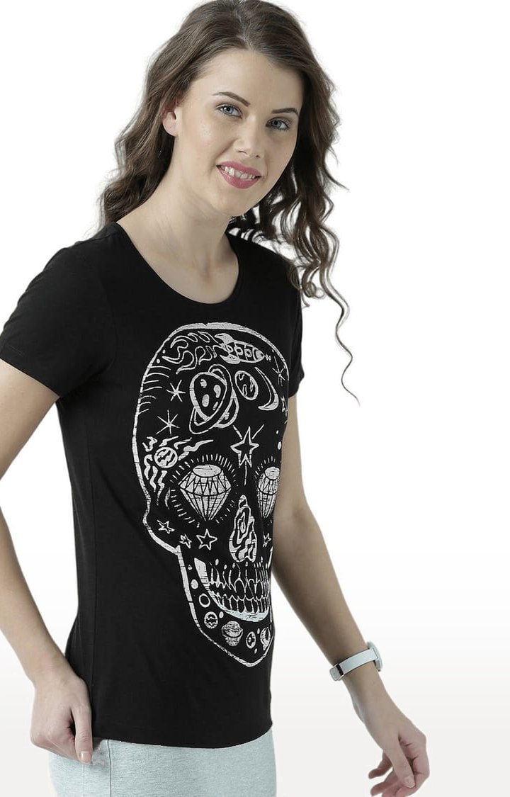 Women's Black Graphics Regular T-Shirt