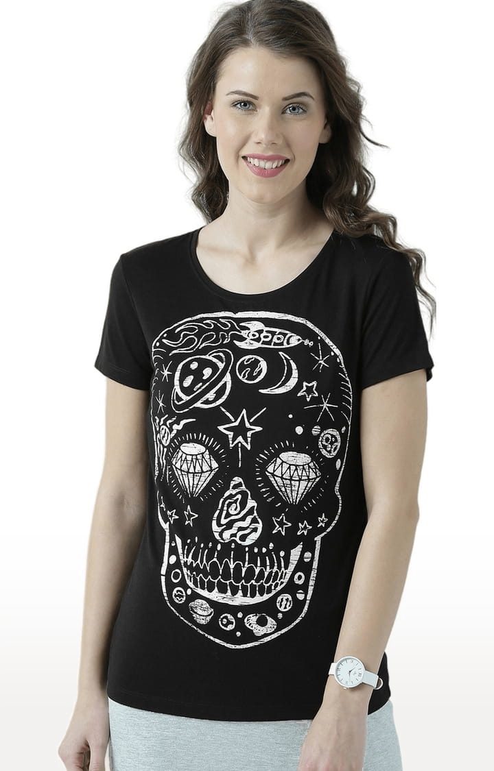 HUETRAP | Women's Black Graphics Regular T-Shirt