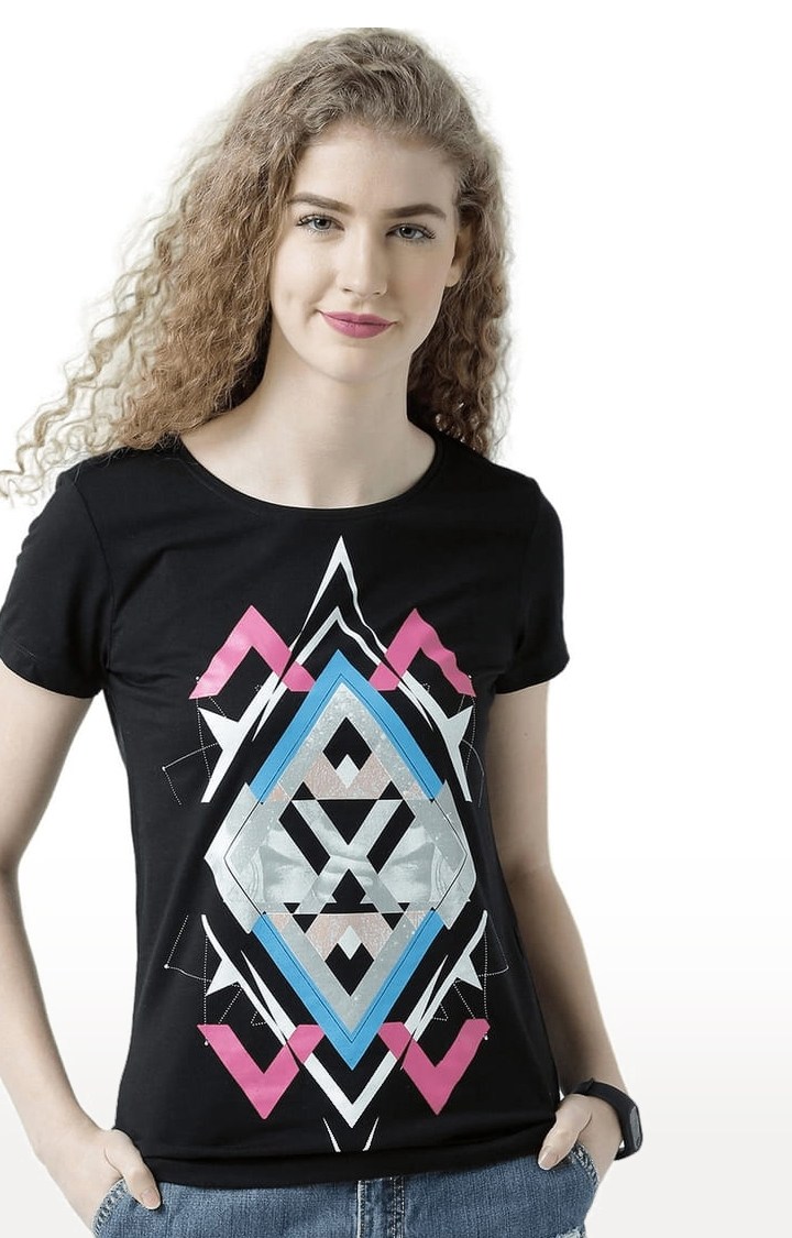 HUETRAP | Women's Black Printed Regular T-Shirt