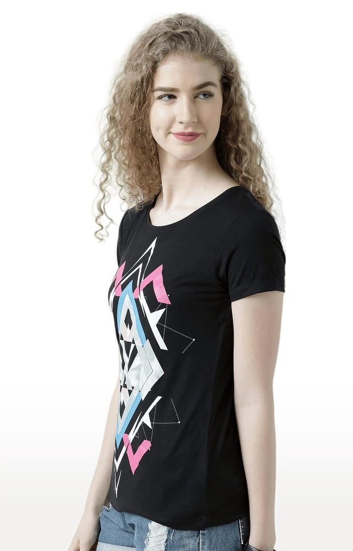 Women's Black Printed Regular T-Shirt