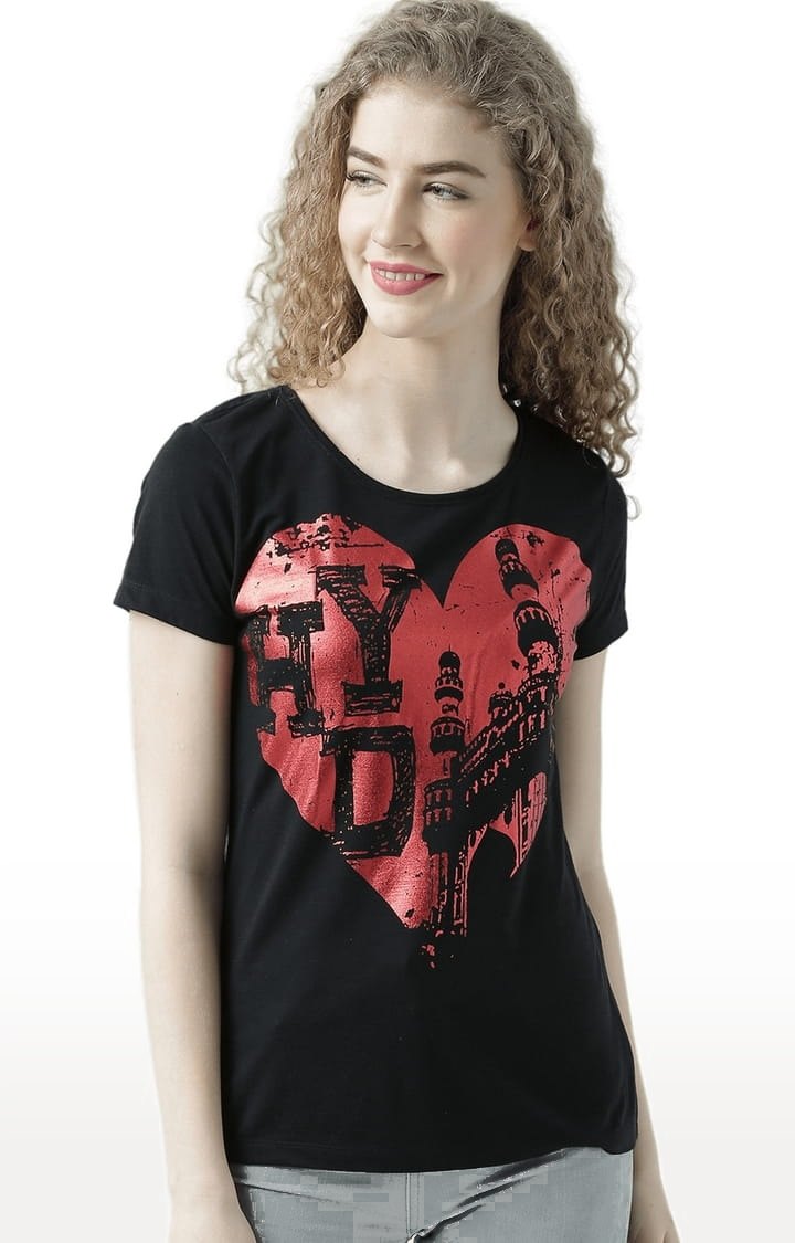 HUETRAP | Women's Black Printed Regular T-Shirt