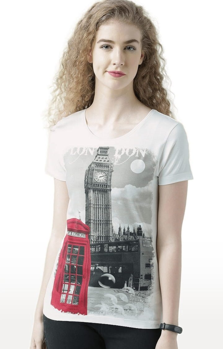 Women's Off White & Grey Printed Regular T-Shirt
