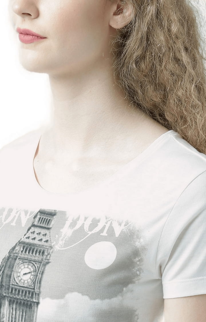 Women's Off White & Grey Printed Regular T-Shirt