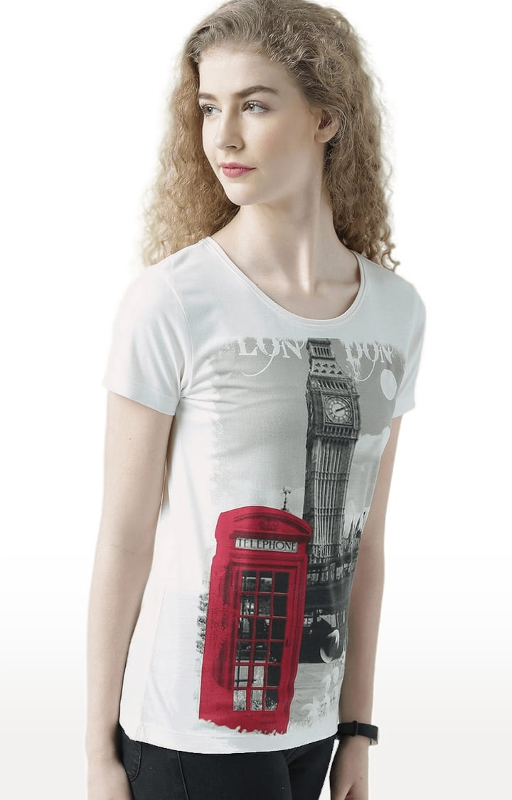 Women's Off White & Grey Printed Regular T-Shirt