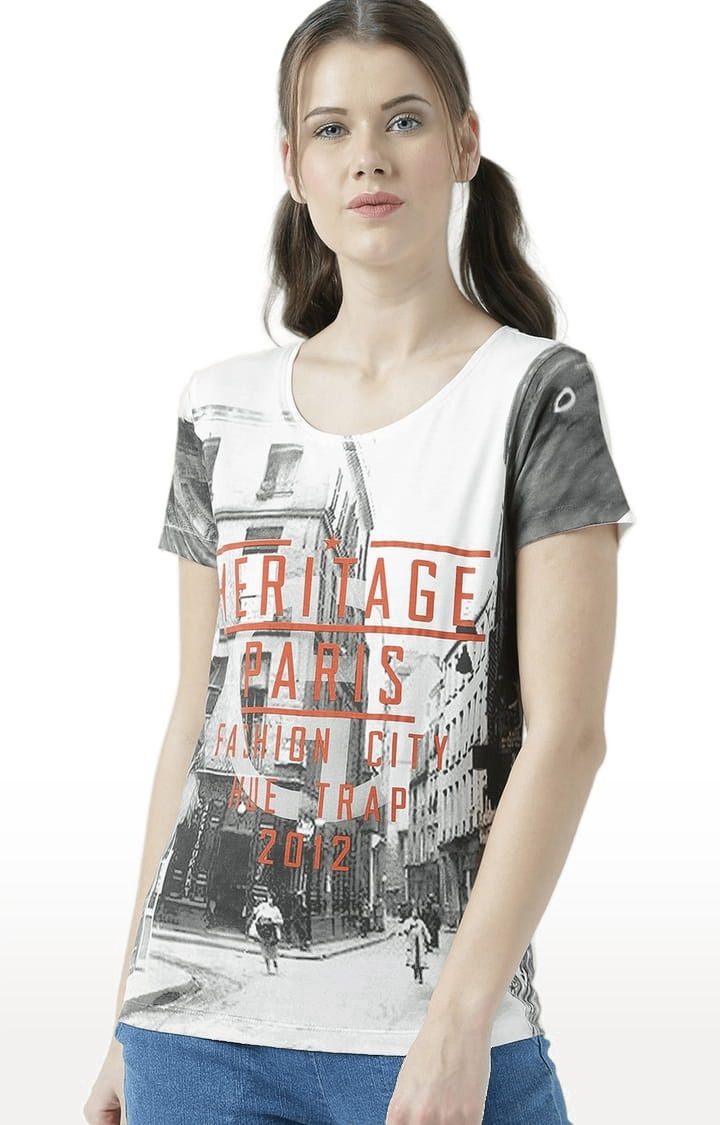 HUETRAP | Women's Off White & Black Printed Regular T-Shirt