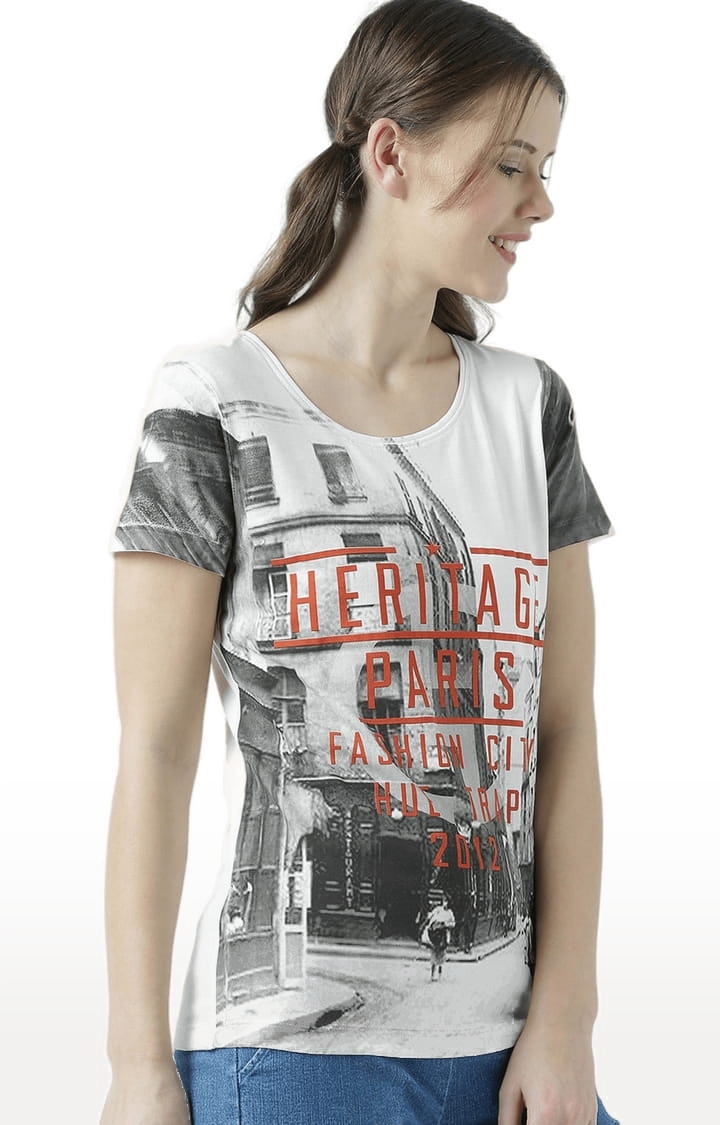 Women's Off White & Black Printed Regular T-Shirt