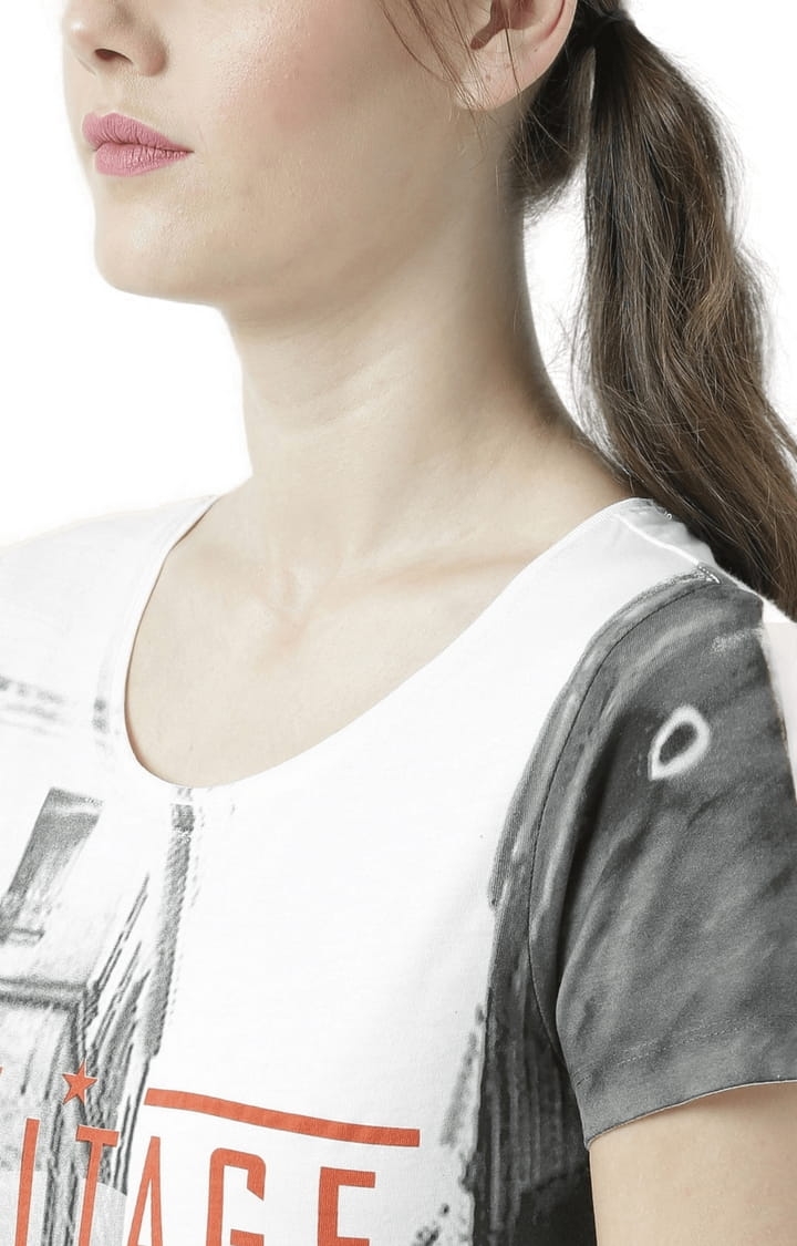 Women's Off White & Black Printed Regular T-Shirt