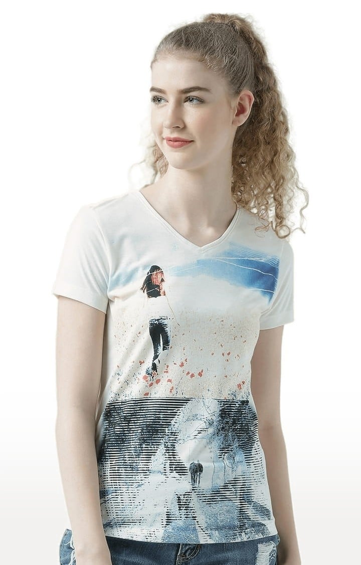 HUETRAP | Women's Off White Printed Regular T-Shirt
