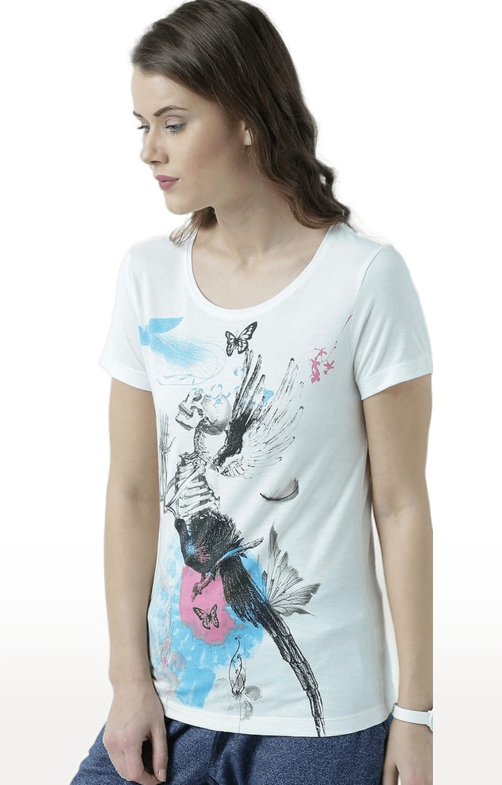 Women's Off White Printed Regular T-Shirt