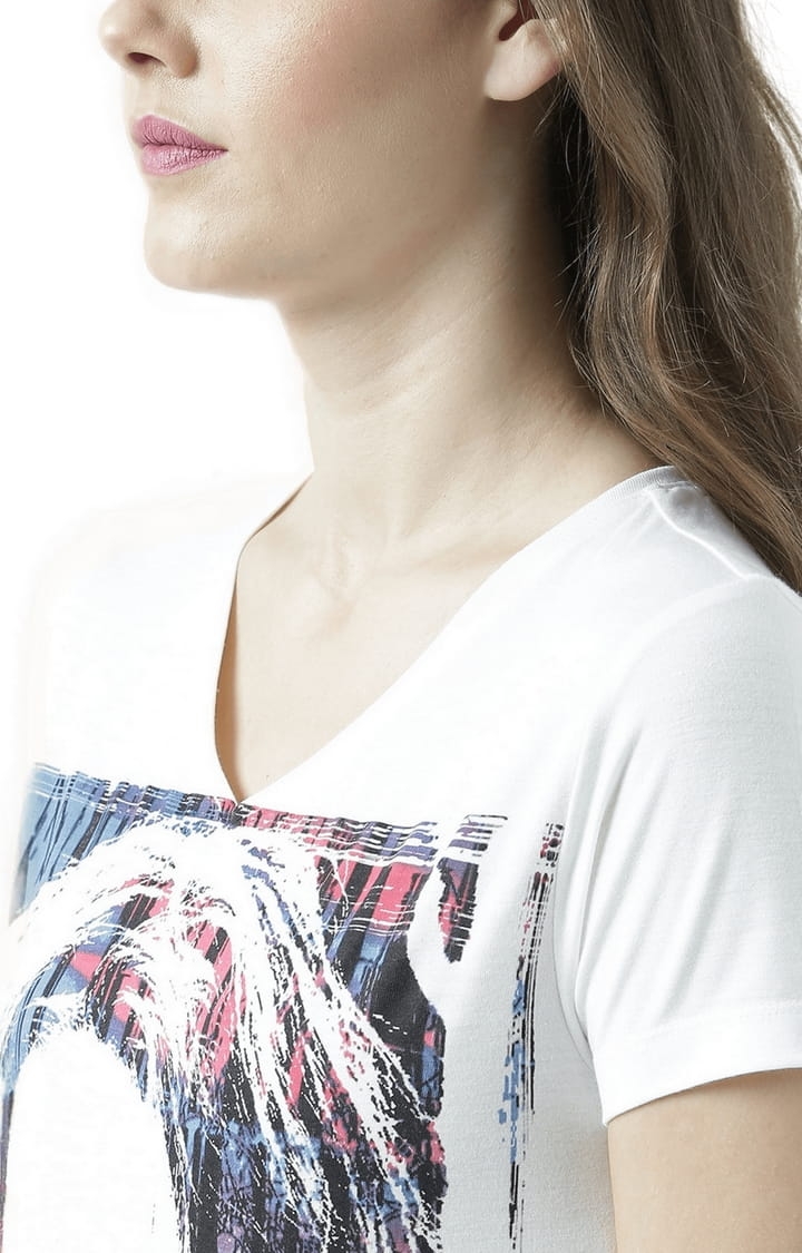 HUETRAP | Women's Off White Cotton Printed Regular T-Shirt 4