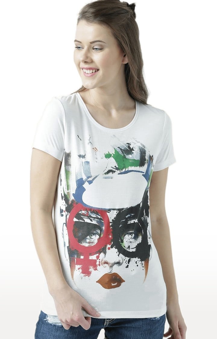 HUETRAP | Women's Off White Printed Regular T-Shirt