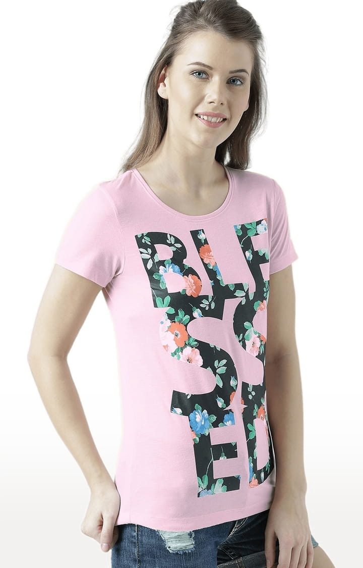 Women's Pink Typographic Regular T-Shirt