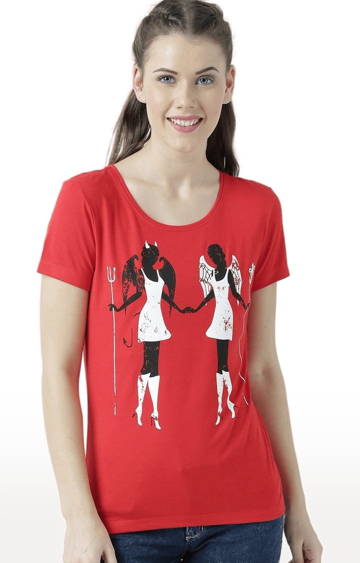 HUETRAP | Women's Red Printed Regular T-Shirt