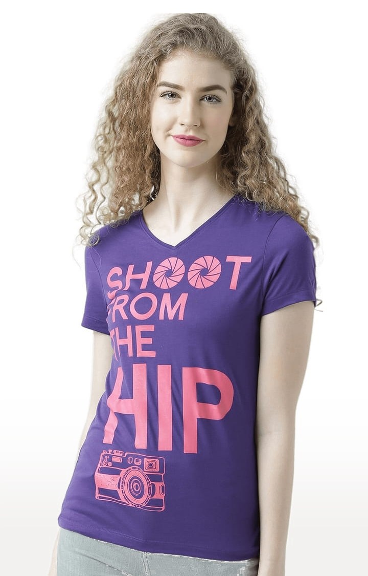 HUETRAP | Women's Purple Typographic Regular T-Shirt
