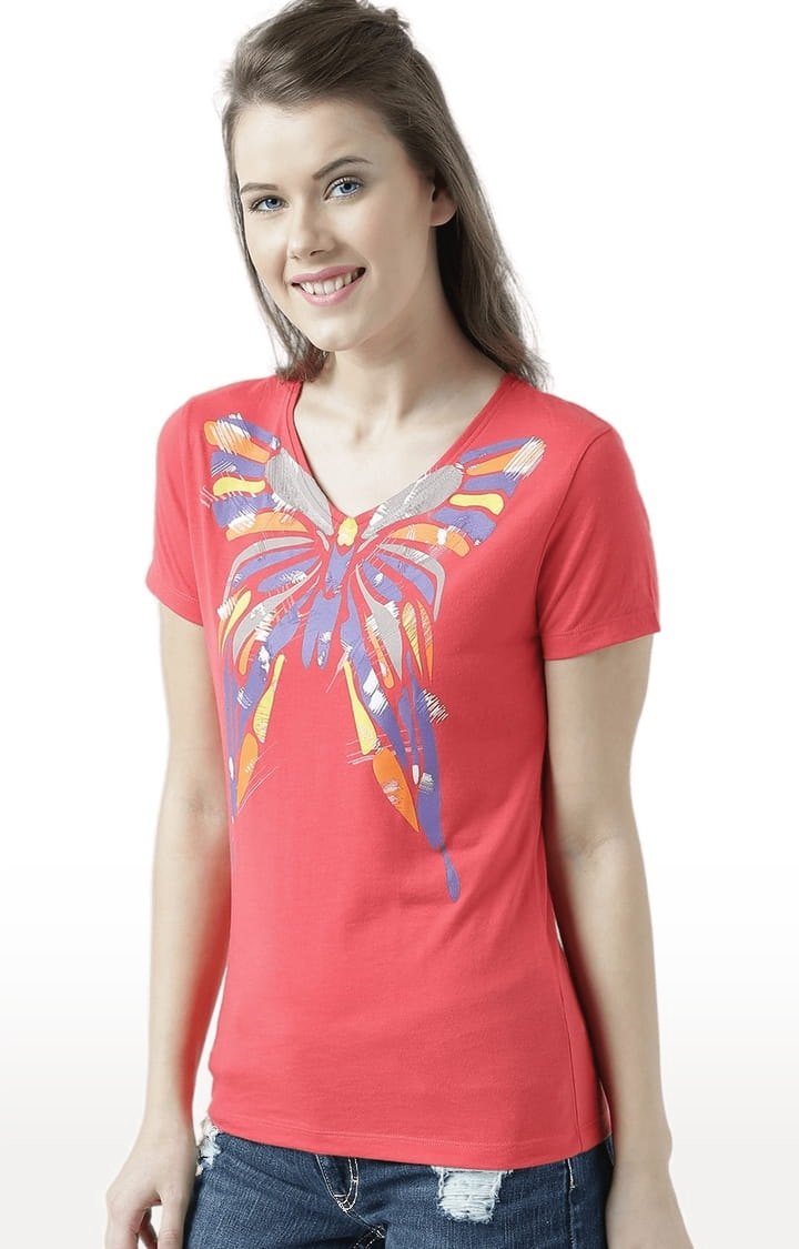 HUETRAP | Women's Orange Printed Regular T-Shirt