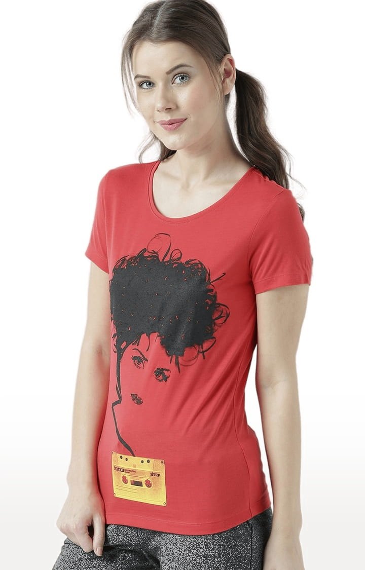 Women's Red Printed Regular T-Shirt