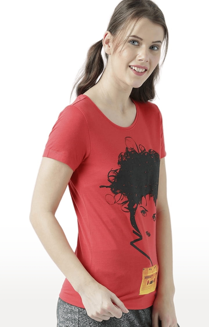 Women's Red Printed Regular T-Shirt