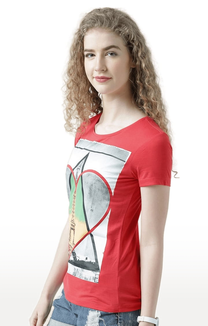 HUETRAP | Women's Red Cotton Printed Regular T-Shirt 2