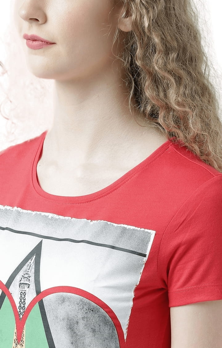 HUETRAP | Women's Red Cotton Printed Regular T-Shirt 4
