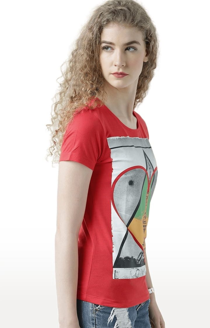 Women's Red Printed Regular T-Shirt