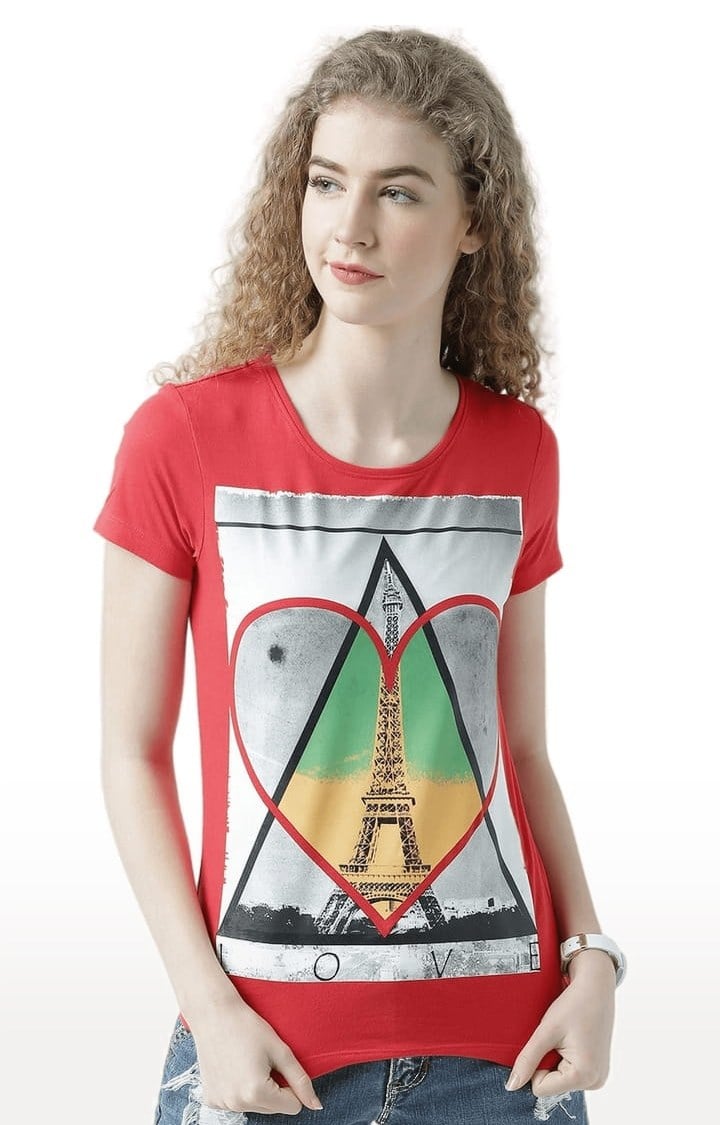 HUETRAP | Women's Red Printed Regular T-Shirt