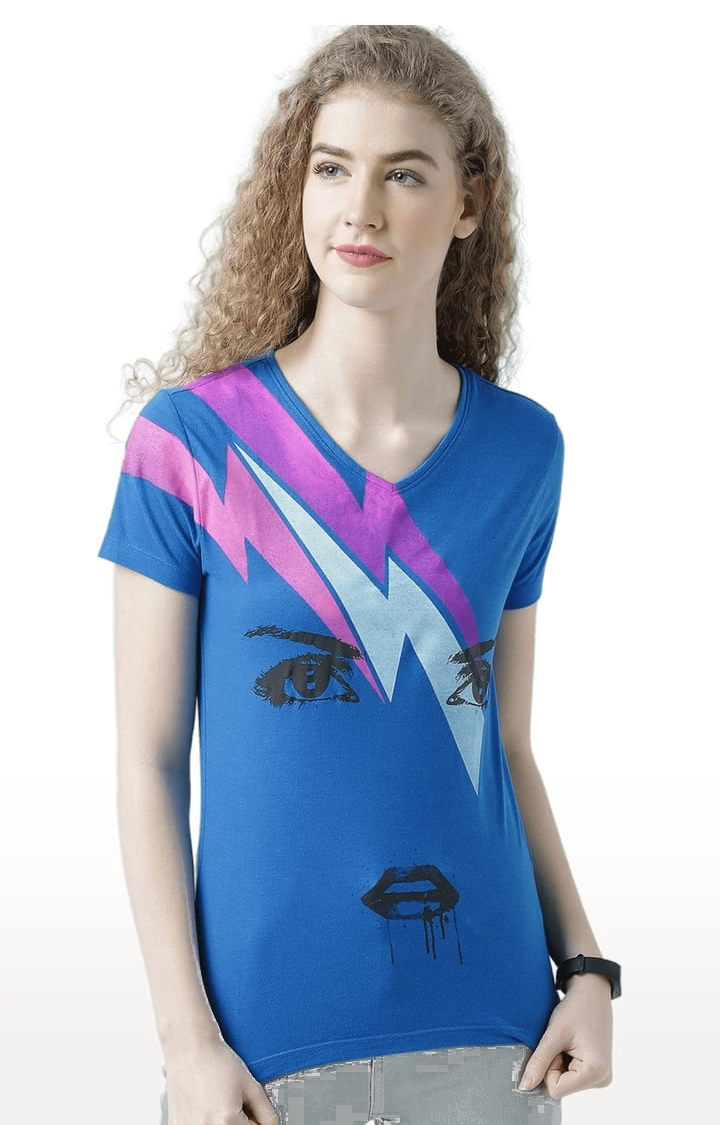 HUETRAP | Women's Blue Cotton Printed Regular T-Shirt 0