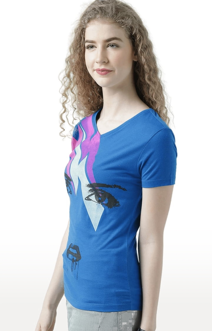 HUETRAP | Women's Blue Cotton Printed Regular T-Shirt 2