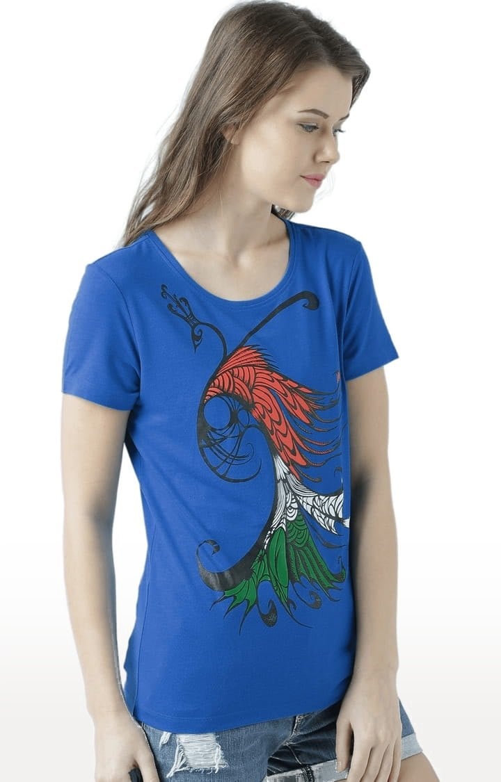 Women's Blue Printed Regular T-Shirt