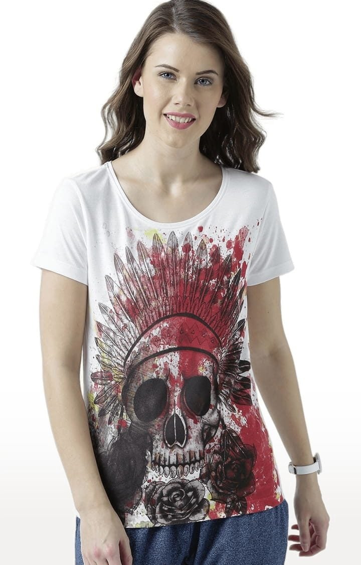 Women's White Printed Regular T-Shirt