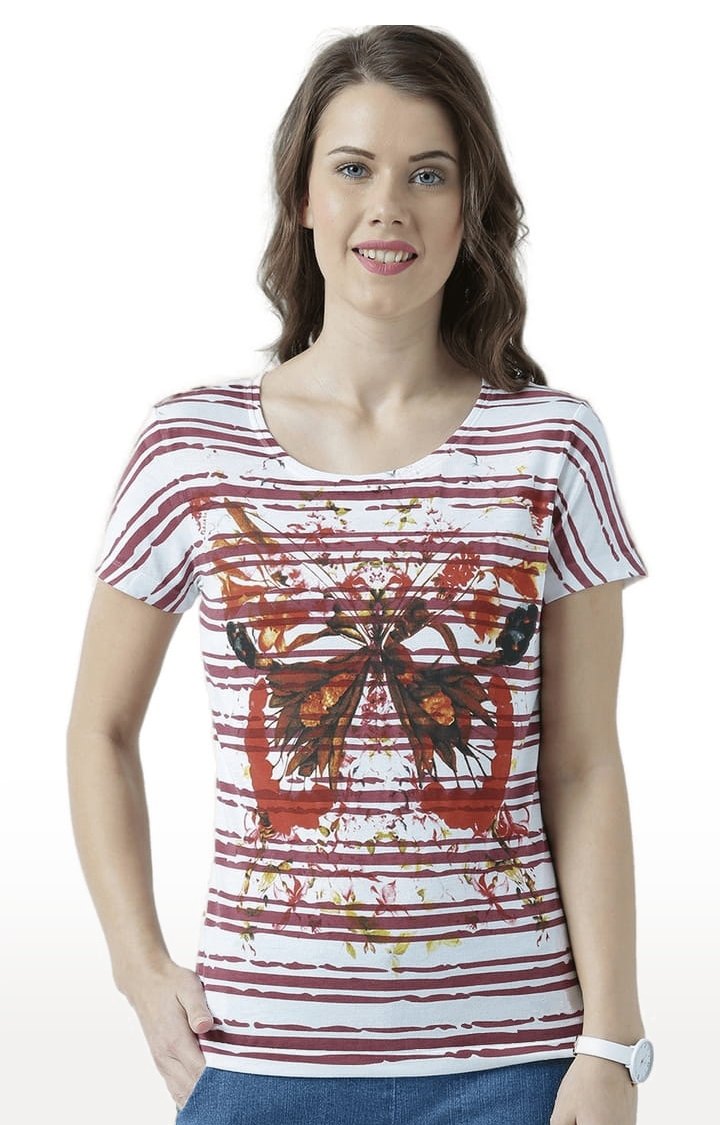 HUETRAP | Women's White & Red Printed Regular T-Shirt