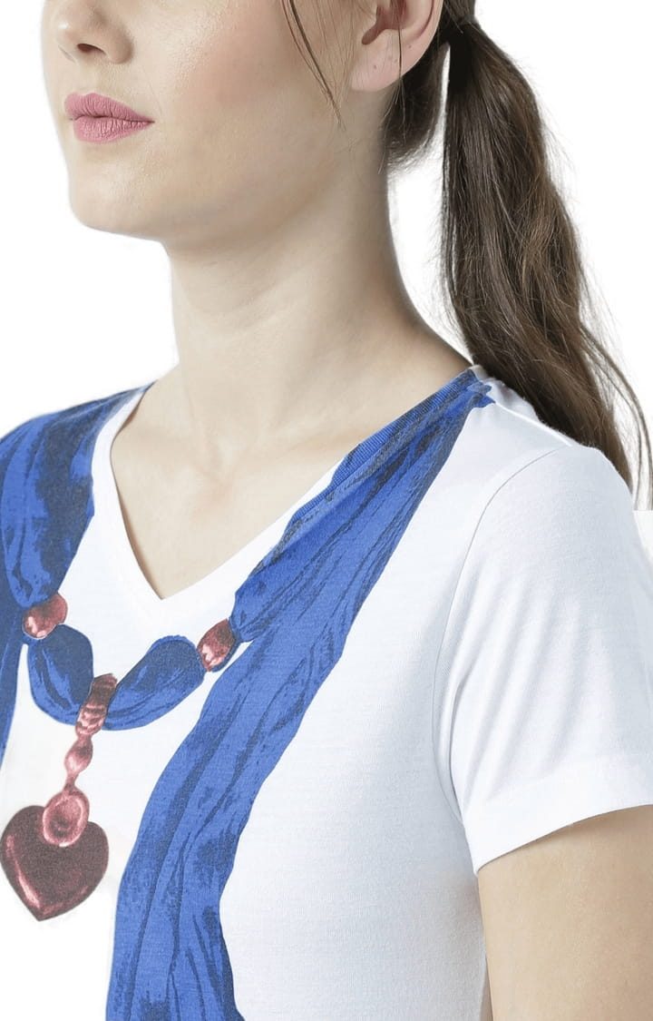 Women's White & Blue Printed Regular T-Shirt