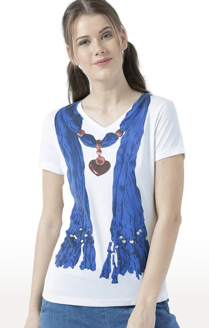 HUETRAP | Women's White and Blue Cotton Printed Regular T-Shirt 0