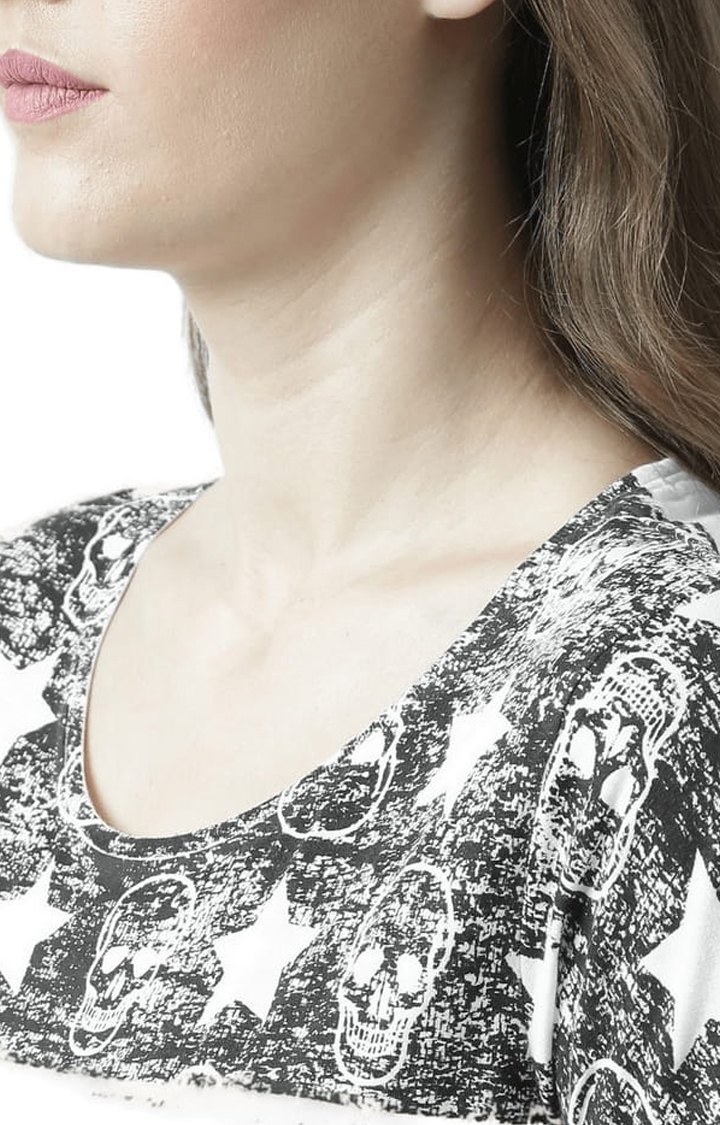 Women's White & Black Printed Regular T-Shirt