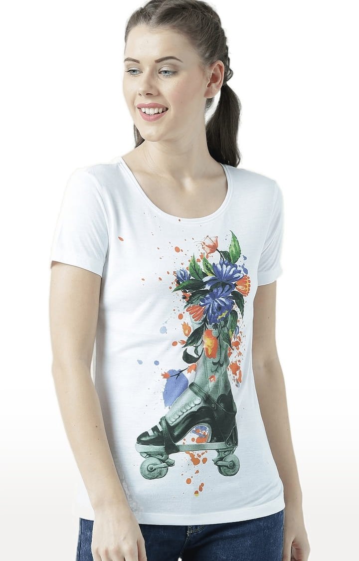 Women's White Printed Regular T-Shirt