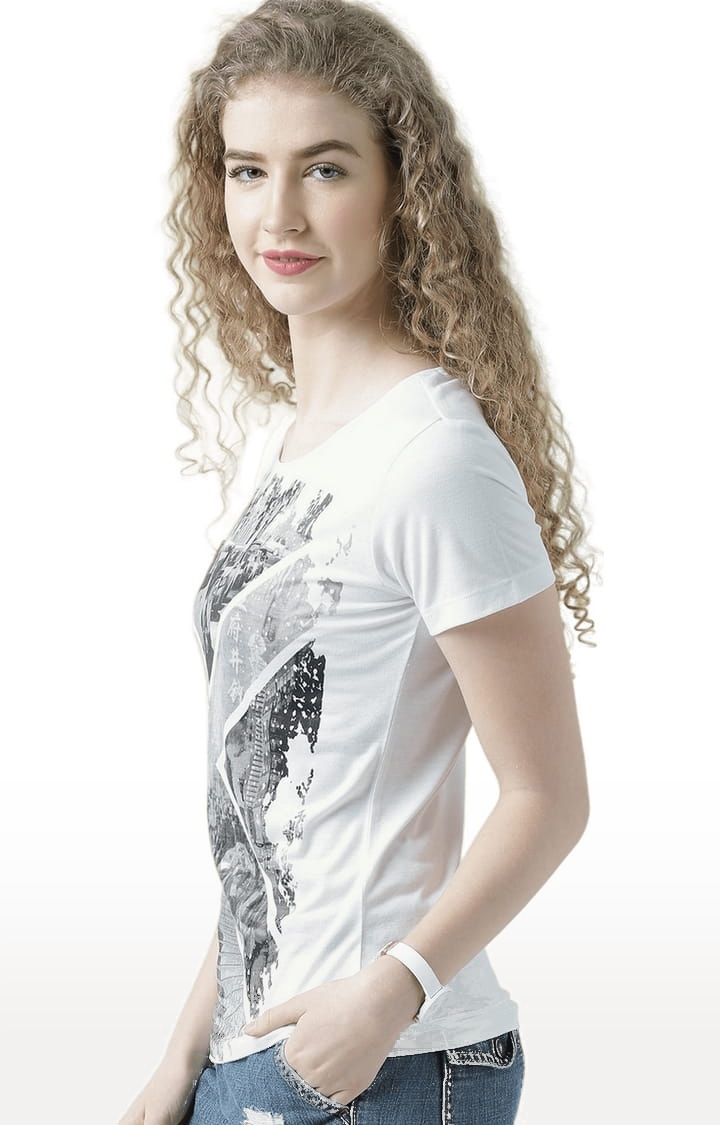Women's White Printed Regular T-Shirt