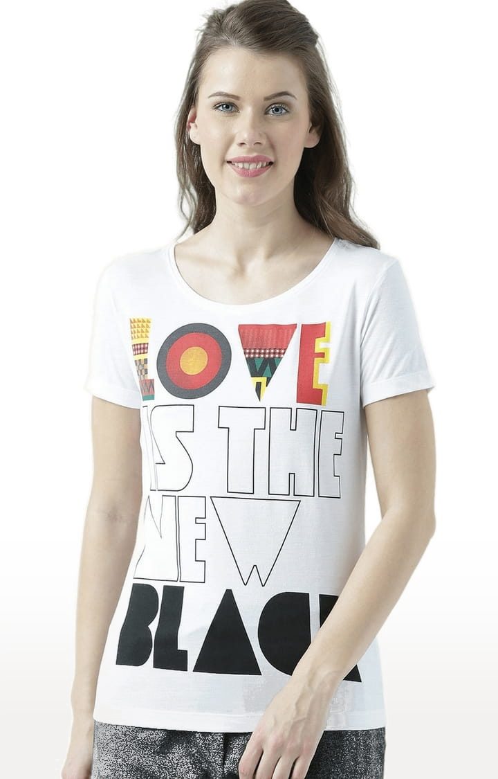 HUETRAP | Women's White Typographic Regular T-Shirt