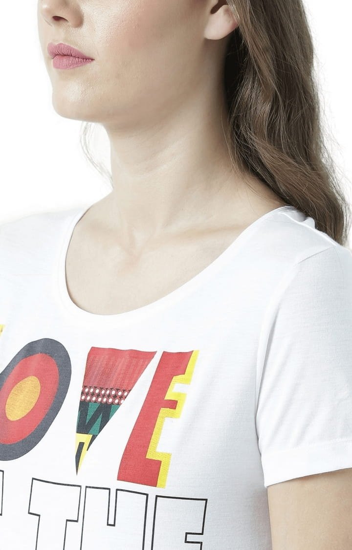 Women's White Typographic Regular T-Shirt