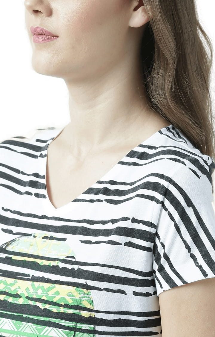 Women's White & Black Printed Regular T-Shirt