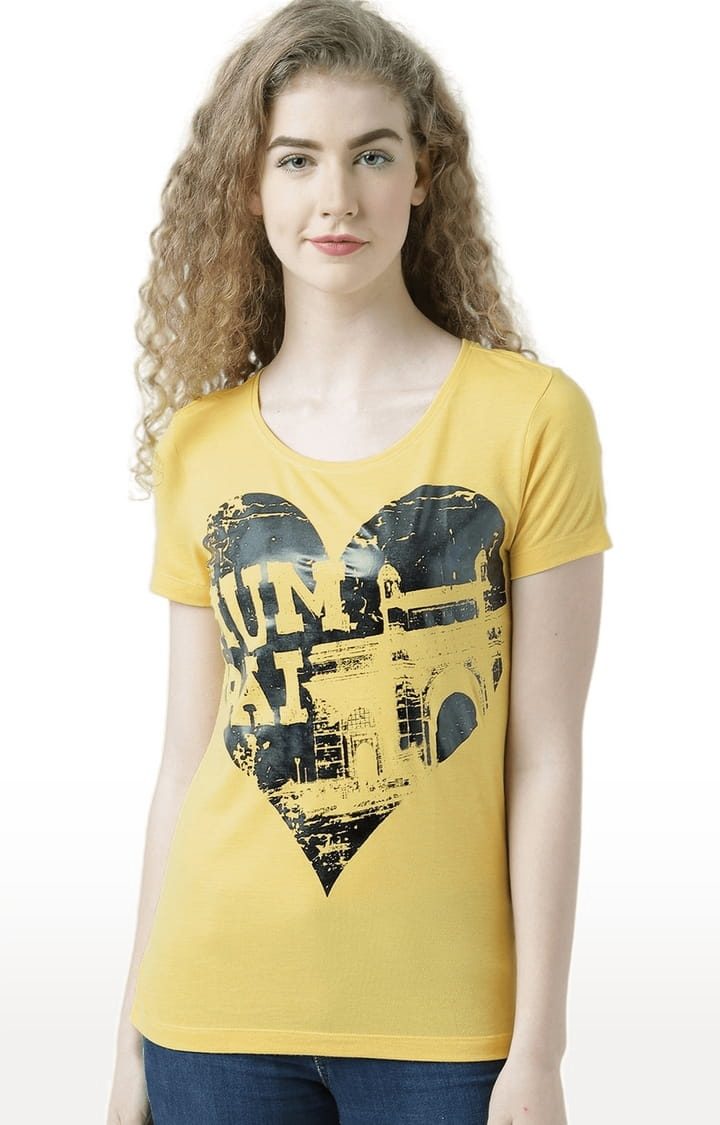 HUETRAP | Women's Yellow Printed Regular T-Shirt