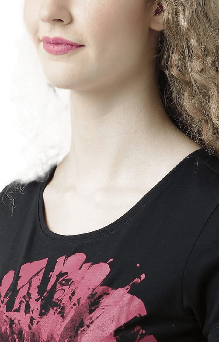 Women's Black Printed Regular T-Shirt