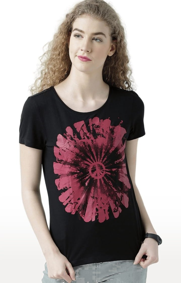 HUETRAP | Women's Black Printed Regular T-Shirt