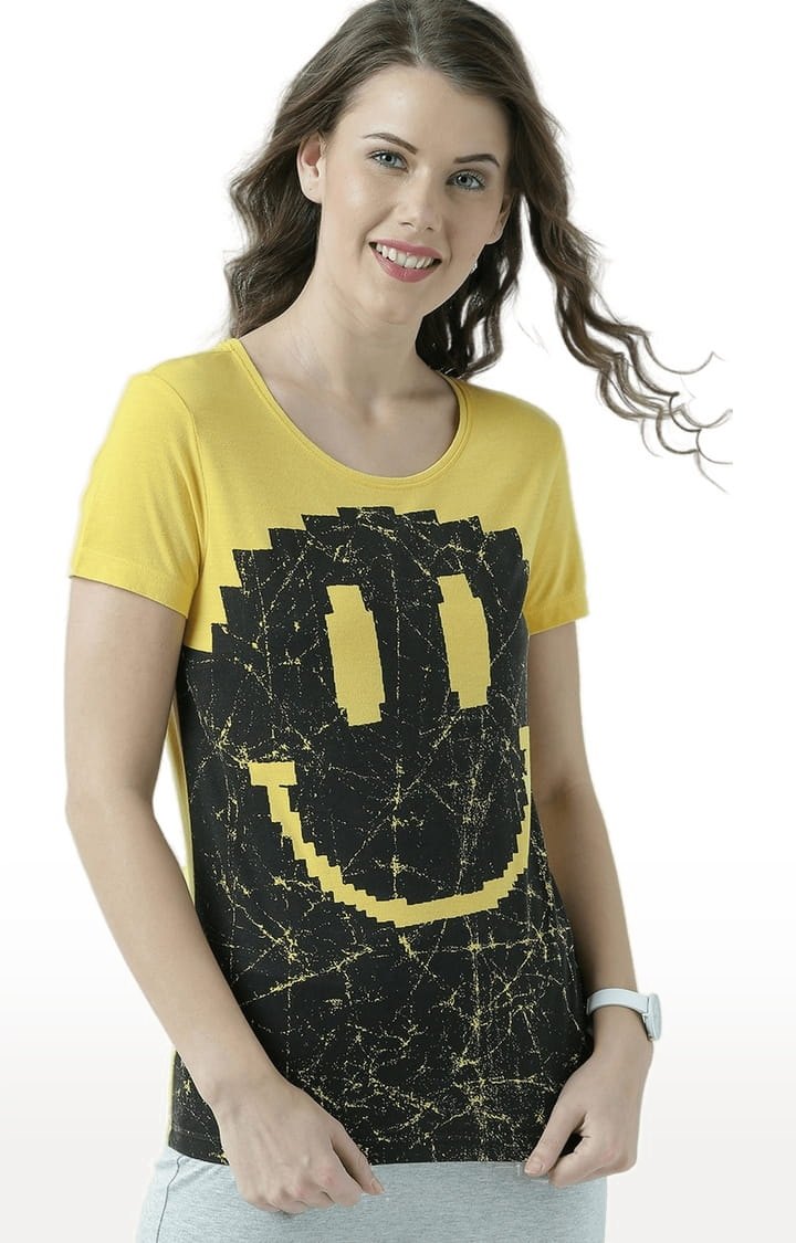 HUETRAP | Women's Yellow Printed Regular T-Shirt