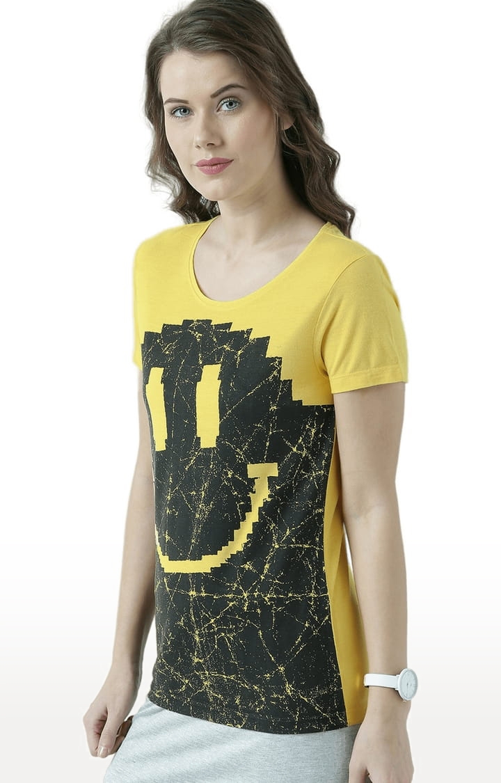Women's Yellow Printed Regular T-Shirt