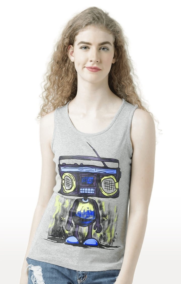 HUETRAP | Women's Grey Melange Printed Tank Top
