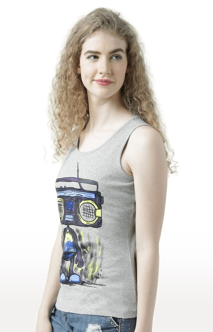 Women's Grey Melange Printed Tank Top