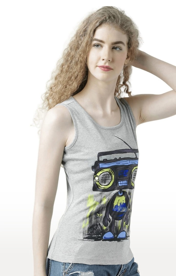 Women's Grey Melange Printed Tank Top