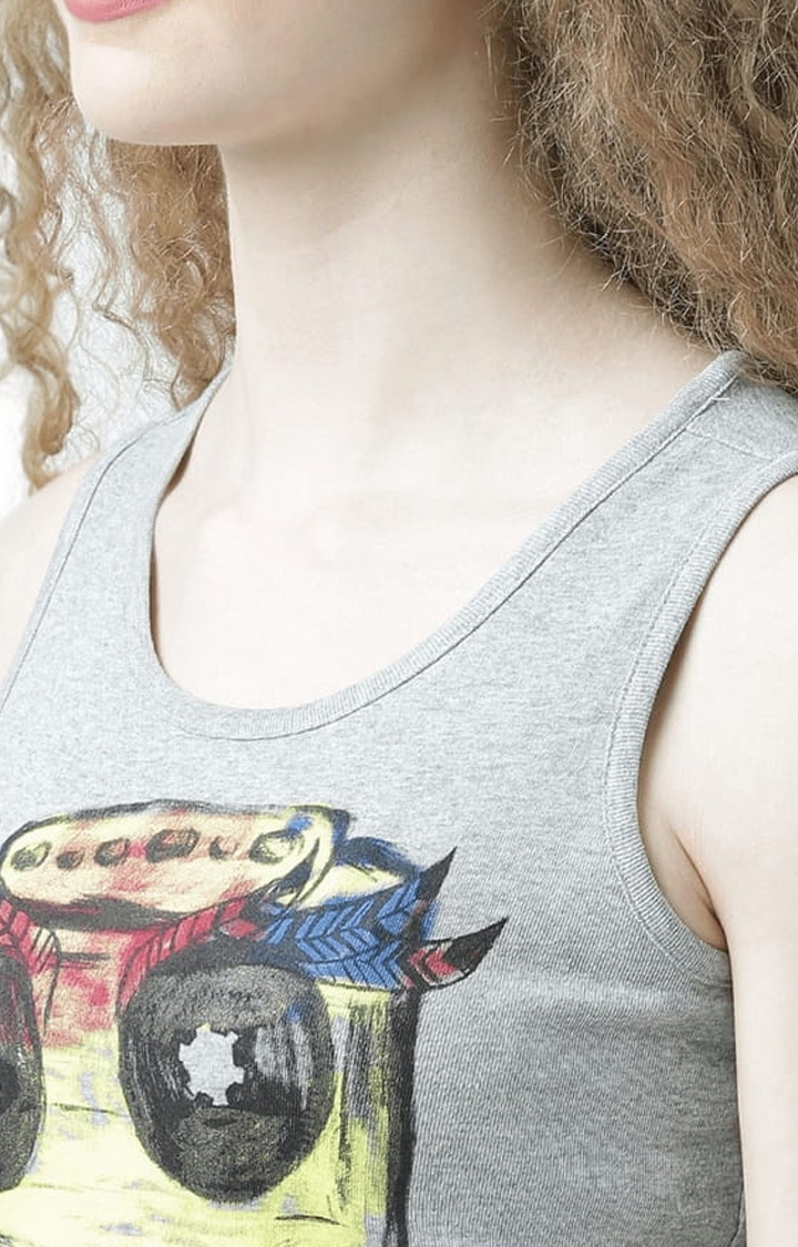 Women's Grey Melange Printed Tank Top